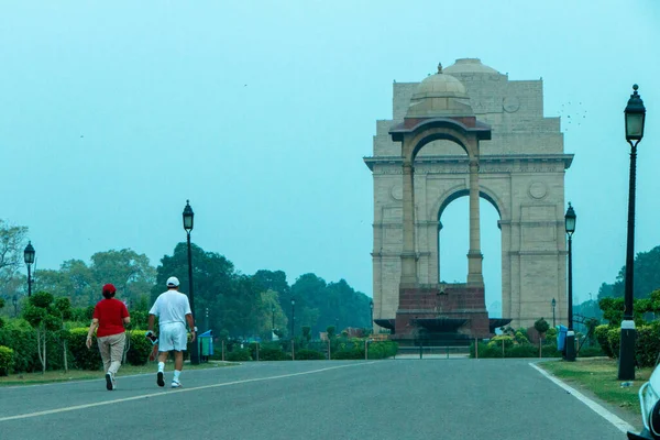 Zonsopgang Bij India Gate New Delhi Morning Cycling Silhouet Van — Stockfoto