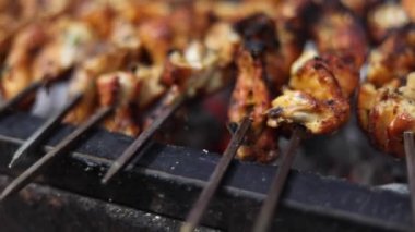 Koyun eti yiyen bir el çırpısı, romali roti veya ekmek ile birlikte. Eski Delhi, Hindistan 'da Jama Mescid yakınlarında Hint ekmeğiyle bbq kebabı yemek. Hindistan 'ın sokak yemekleri. Chandni Chowk 'ta Mughlai yemeği.