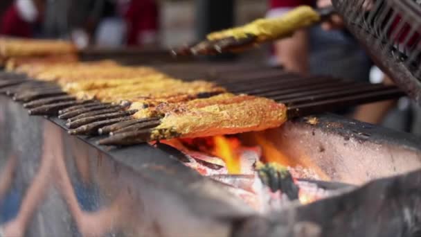 Close Mutton Seekh Kabab Chicken Being Barbecued Charcoal Grill Month — Stock Video