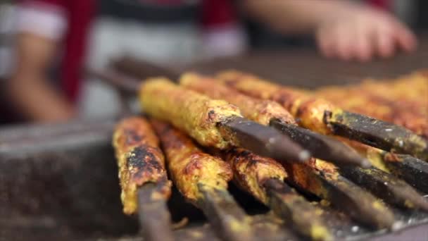 Extremo Close Carne Carneiro Recém Preparada Seekh Kabs Churrasco Grelha — Vídeo de Stock