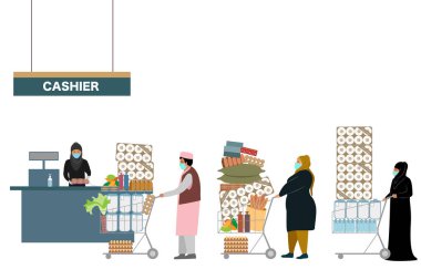 Müşteri maskesi takan müslim, Coronavirus pandemik taşıyıcı konc sırasında yiyecek ve erzak stoklarını kontrol etmek için bekliyor.