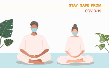 Erkek ve kadın cerrahi yüz maskesi takıyor ve meditasyon yapıyor. Zihin, bu dünya vektöründen yok olması için dua ediyor.