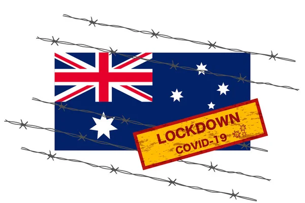 オーストラリアの旗看板ロックダウン警告セキュリティのためにコロナウイルス危機Covid 19疾患デザインとバーブ線分離ベクトル — ストックベクタ