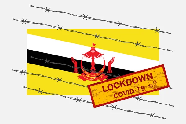 Прапор Брунею Сигнальною Системою Безпеки Блокування Через Коронавірусну Кризу Covid — стоковий вектор