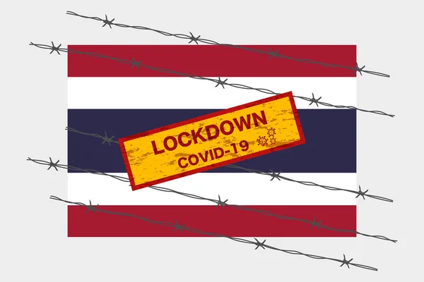 Thailand Flagga Med Skylt Lockdown Varning Säkerhet Grund Coronavirus Kris — Stock vektor