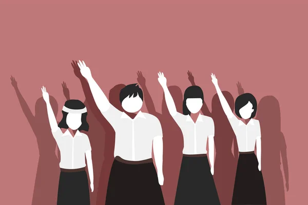 Νεαρή Γυναίκα Μαθητές Σηκώνουν Χέρια Τους Μέχρι Τρία Δάχτυλα Είναι — Διανυσματικό Αρχείο