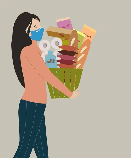 Młoda Kobieta Shopper Noszenia Maski Twarzy Trzymając Koszyk Pełen Towarów — Wektor stockowy
