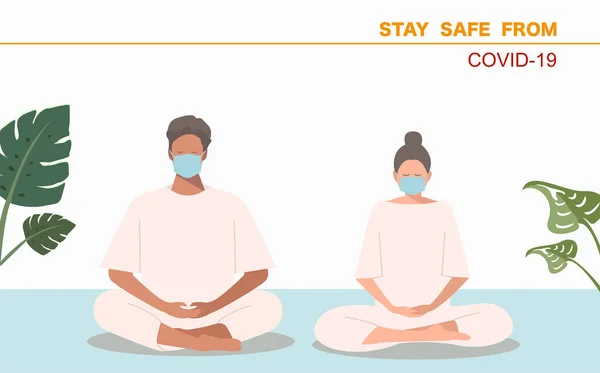 Erkek ve kadın cerrahi yüz maskesi takıyor ve meditasyon yapıyor. Zihin, bu dünya vektöründen yok olması için dua ediyor.