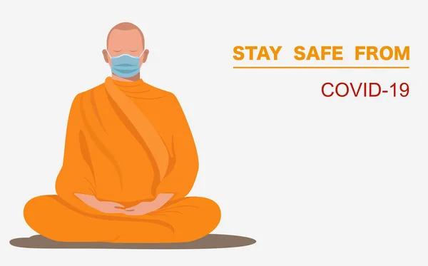 Tajski Mnich Masce Chirurgicznej Medytuj Uspokój Umysł Módl Się Covid — Wektor stockowy