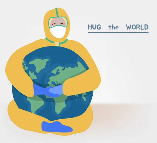 Доктор Жовтому Захисному Костюмі Обіймає Землю Залишайтеся Безпечним Пандемії Коронавірусу — стоковий вектор