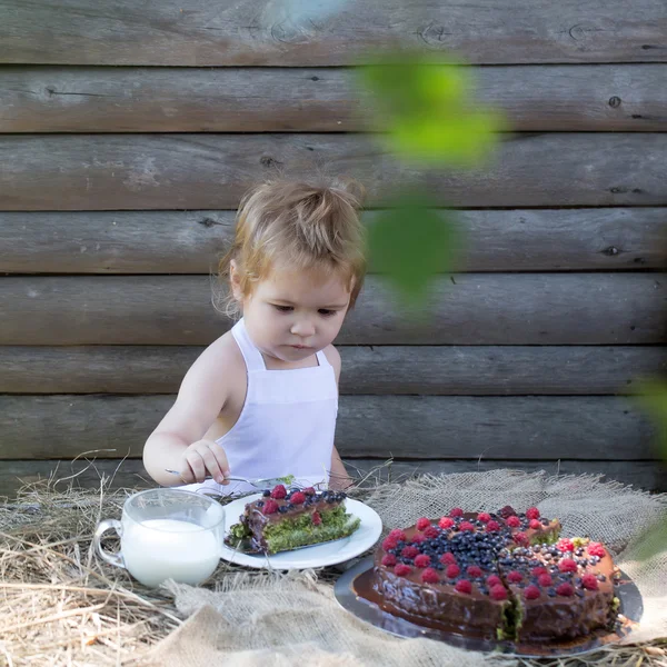 Malý chlapec jí ovocný dort — Stock fotografie