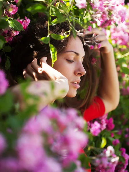 Menina bonita entre flores florescentes — Fotografia de Stock