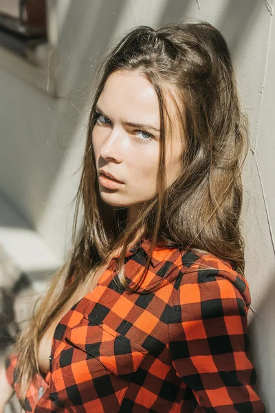 Sexy girl in checkered shirt — Stock Photo, Image