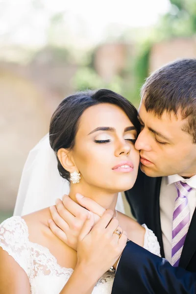Nevěsta ženich polibky — Stock fotografie