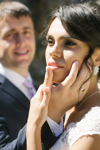 Novio mano en novia cara — Foto de Stock