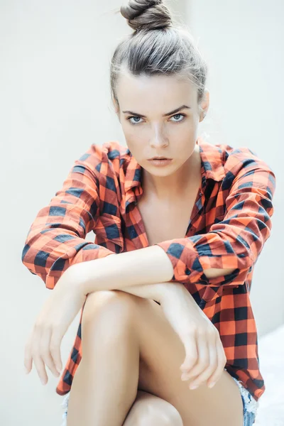 Sexy girl in checkered shirt — Stock Photo, Image