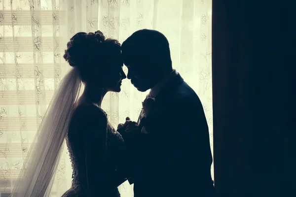 Silhuett av bruden och brudgummen — Stockfoto