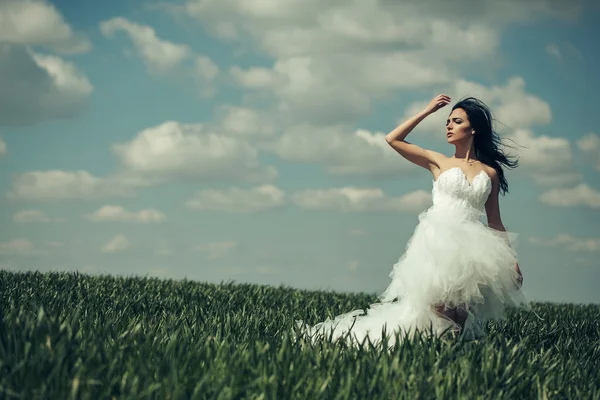 Mooie bruiloft meisje op het groene gras en hemel — Stockfoto