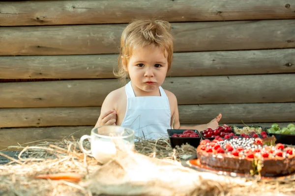 Cute little boy eats berries — Stock Photo, Image