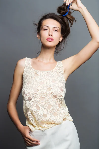 Pretty stylish girl in white blouse — Stock Photo, Image