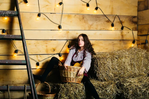Pretty girl on straw bales — Stock Photo, Image