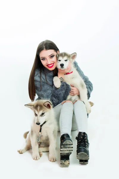 Pretty sexy girl with husky dog — стоковое фото