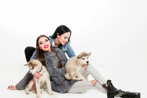 Ragazze in denim con husky — Foto Stock