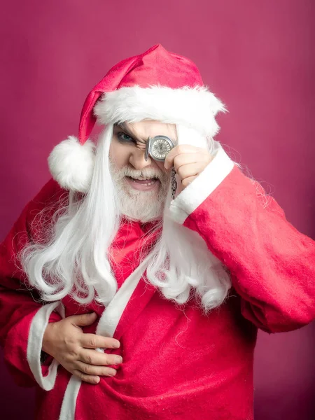 Smiling Christmas man with clock on chain — Stock Photo, Image