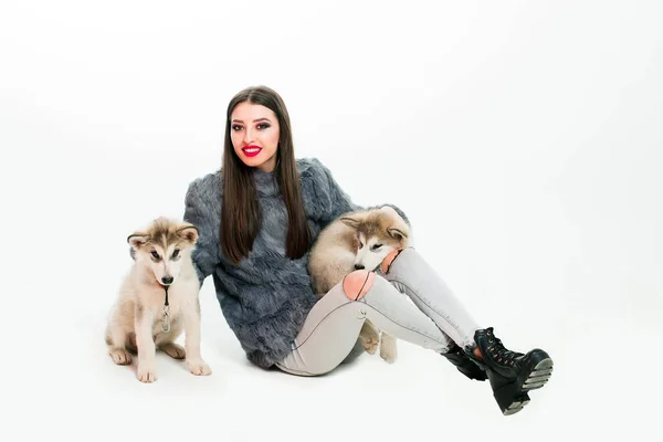 허스키 강아지와 아주 섹시 한 여자 — 스톡 사진