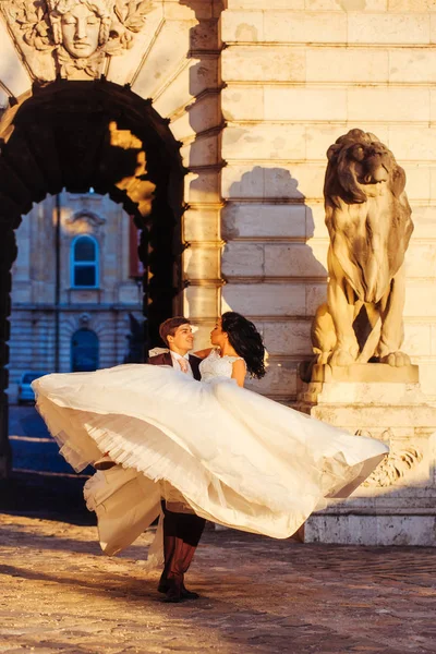 Groom holding bride in hands — Stock Photo, Image