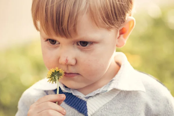 Carino ragazzo annusa a fiore — Foto Stock