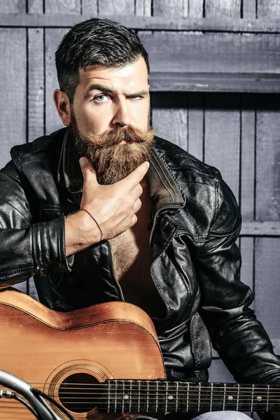 Frown bearded man hipster biker — Stock Photo, Image