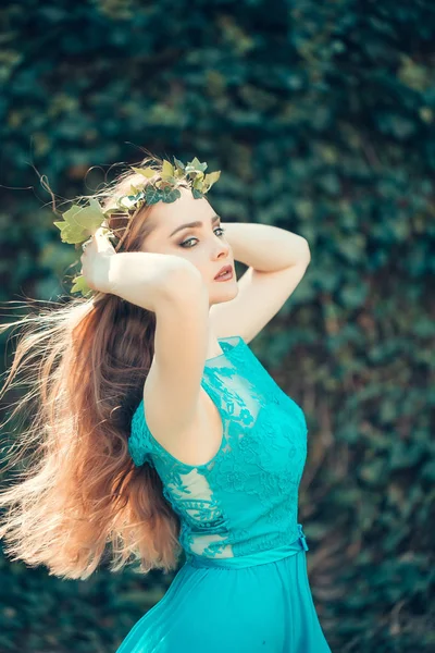 Pretty girl in blue dress — Stock Photo, Image