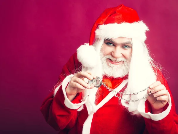 Smiling Christmas man with clock on chain — Stock Photo, Image