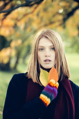 Sonbahar yaprakları ile güzel kız