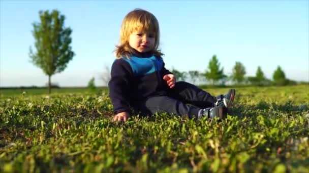 Pequeño bebé sentado en la hierba en el campo a principios de primavera — Vídeos de Stock