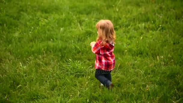 Pequena criança jogando bola com um cão no gramado no jardim da frente — Vídeo de Stock