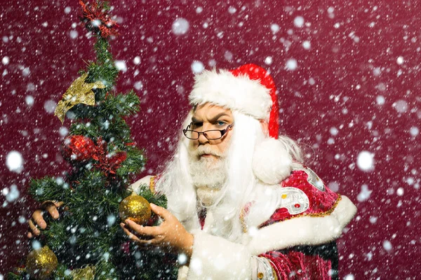 Serious santa decorates Christmas tree — Stock Photo, Image