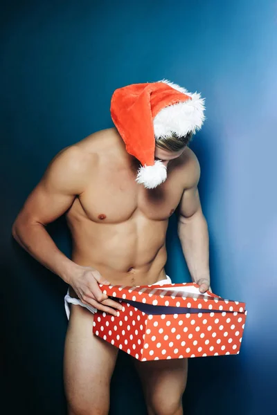 Handsome muscular naked santa mna — Stock Photo, Image