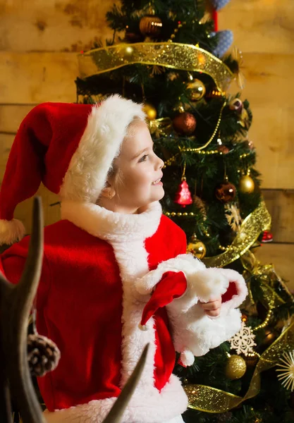 Chica de Navidad en el árbol con oso — Foto de Stock