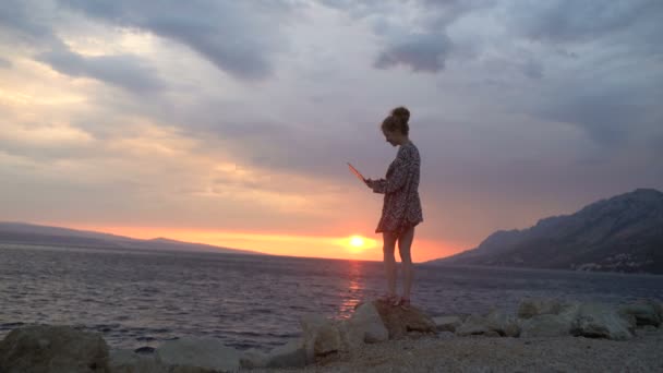 Mädchen bei der Arbeit mit ihrem Laptop am Meer bei Sonnenuntergang an einem windigen Sommertag. junge Frau benutzt Laptop im Urlaub — Stockvideo