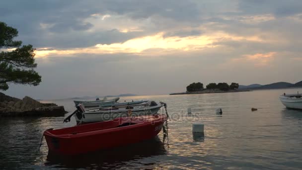 Brela, Croazia - 22 SETTEMBRE 2016: Barche da pesca ancorate in un piccolo porto sul mare Adriatico. Scena pittoresca di barche in una baia tranquilla in Croazia — Video Stock