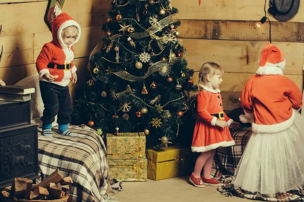 Vánoce šťastné děti na nazdobený stromeček — Stock fotografie