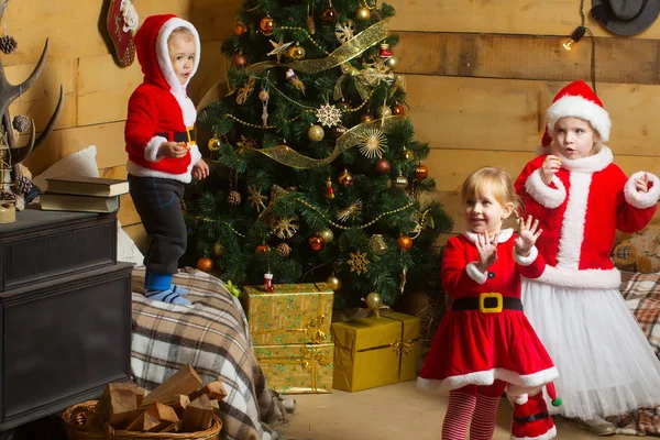Crianças felizes de Natal na árvore decorada — Fotografia de Stock
