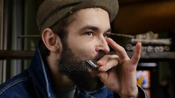 The harmonica or French harp, blues harp and mouth organ. Wind music instrument for blues, jazz, country, and rock and roll. Man playing a musical instrument indoor — Stock Video