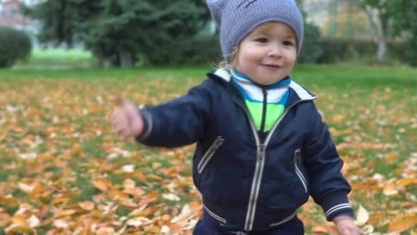 Moción lenta: El chico está mostrando su pulgar hacia arriba, expresando una actitud fresca. Bebé niño disfrutar de un paseo en el parque de otoño — Vídeo de stock