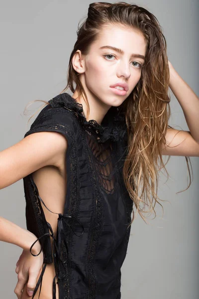 Pretty girl in sexy black vest — Stock Photo, Image