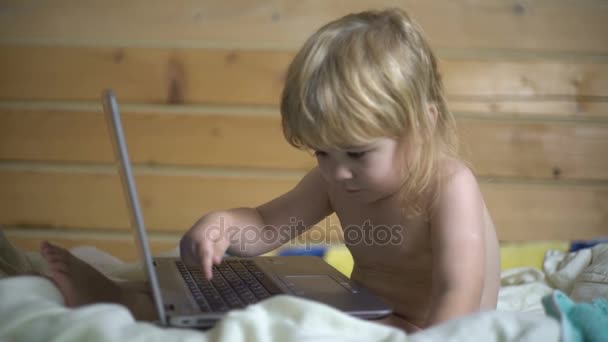 Mignon garçon intelligent travaillant sur un ordinateur. L'enfant tape des chiffres sur un clavier d'ordinateur portable. L'enfant travaille comme homme d'affaires ou pigiste au lit à la maison — Video
