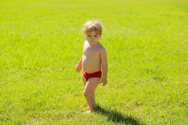 Ładny chłopczyk na zielonej trawie — Zdjęcie stockowe