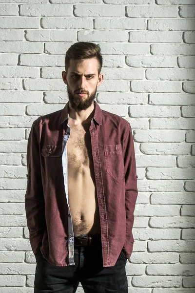 Slanke bebaarde man in paars shirt op bakstenen muur achtergrond — Stockfoto
